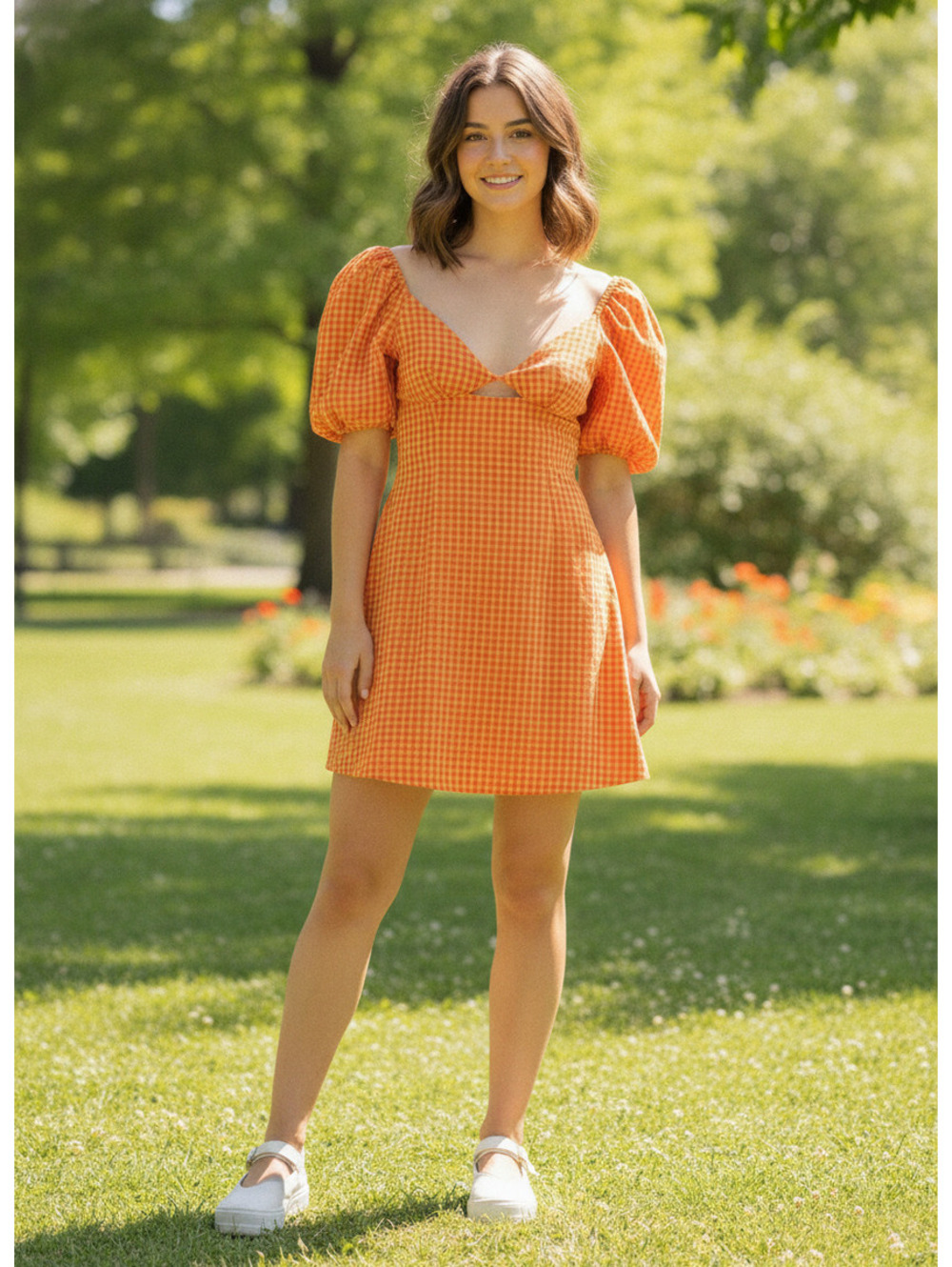 Orange Gingham Puff Sleeve Mini Dress
